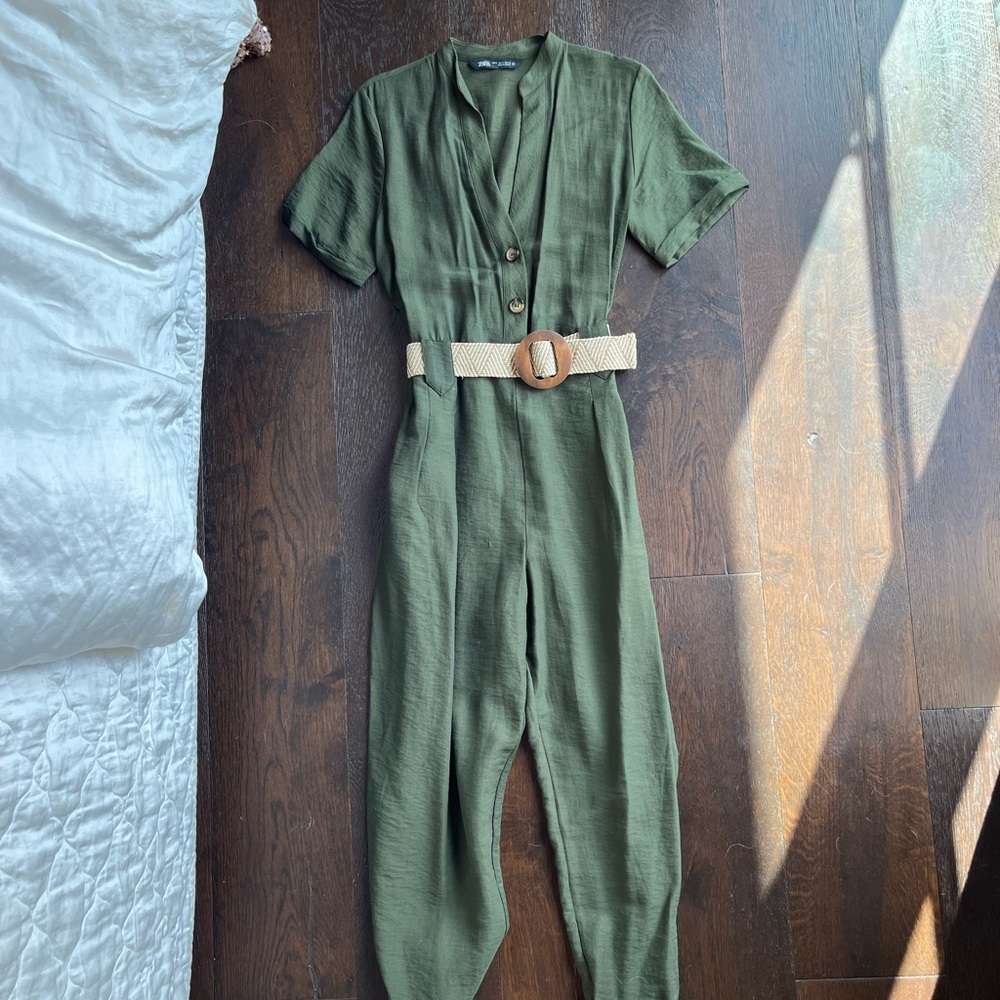 Zara Olive Green Jumpsuit with Tan Belt - Picture 1 of 2